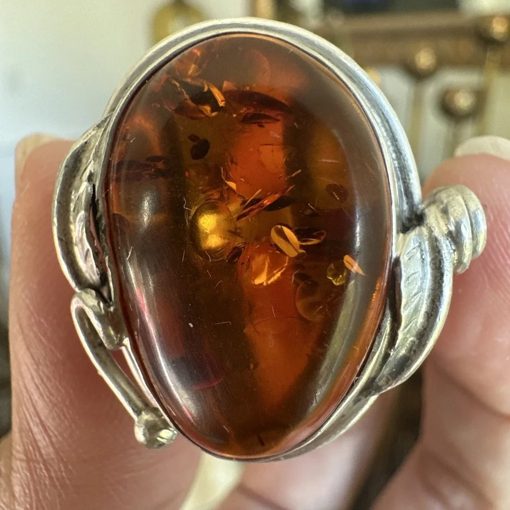 Vintage Artisan Brutalist Ring Size 7 Poland Baltic Amber 925 Sterling 12.5g MCM